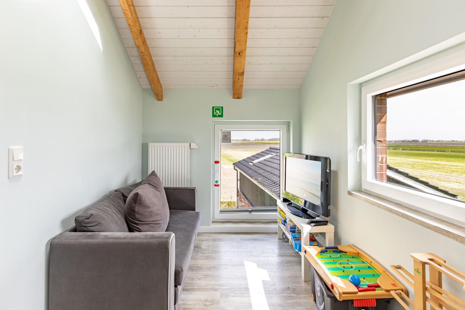 Wohnzimmer mit Sofa, Fernseher und Tischfußball. Fenster und Tür zeigen auf Felder.
