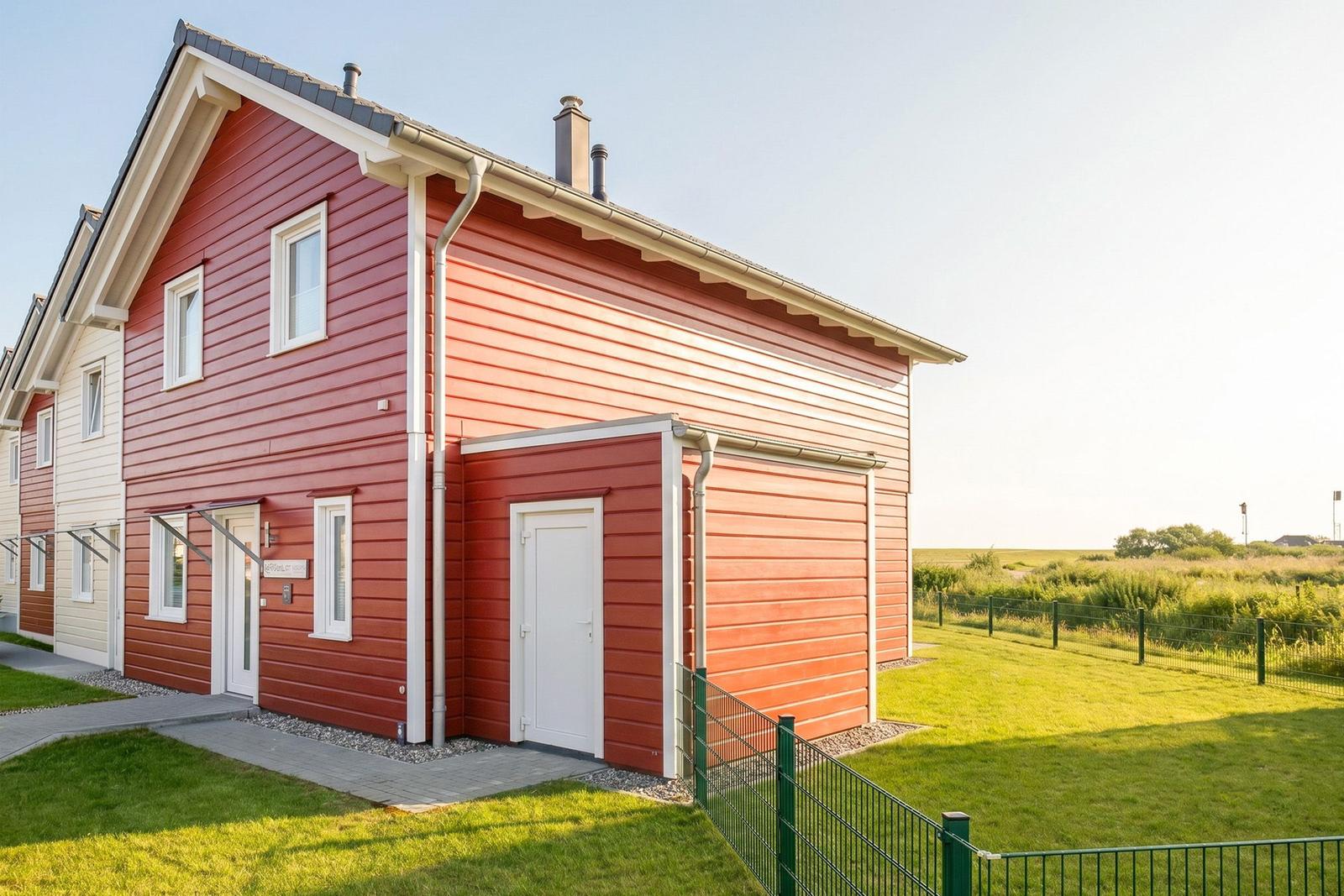 Red wooden house with white windows and garage. Surrounded by green with fence.