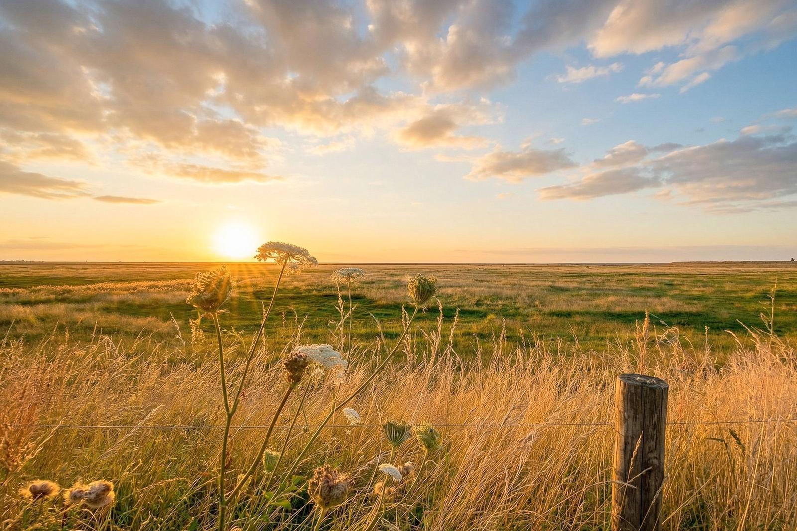 Sonnenuntergang über einer weiten Wiese mit hohem Gras und einem Holzpfosten.