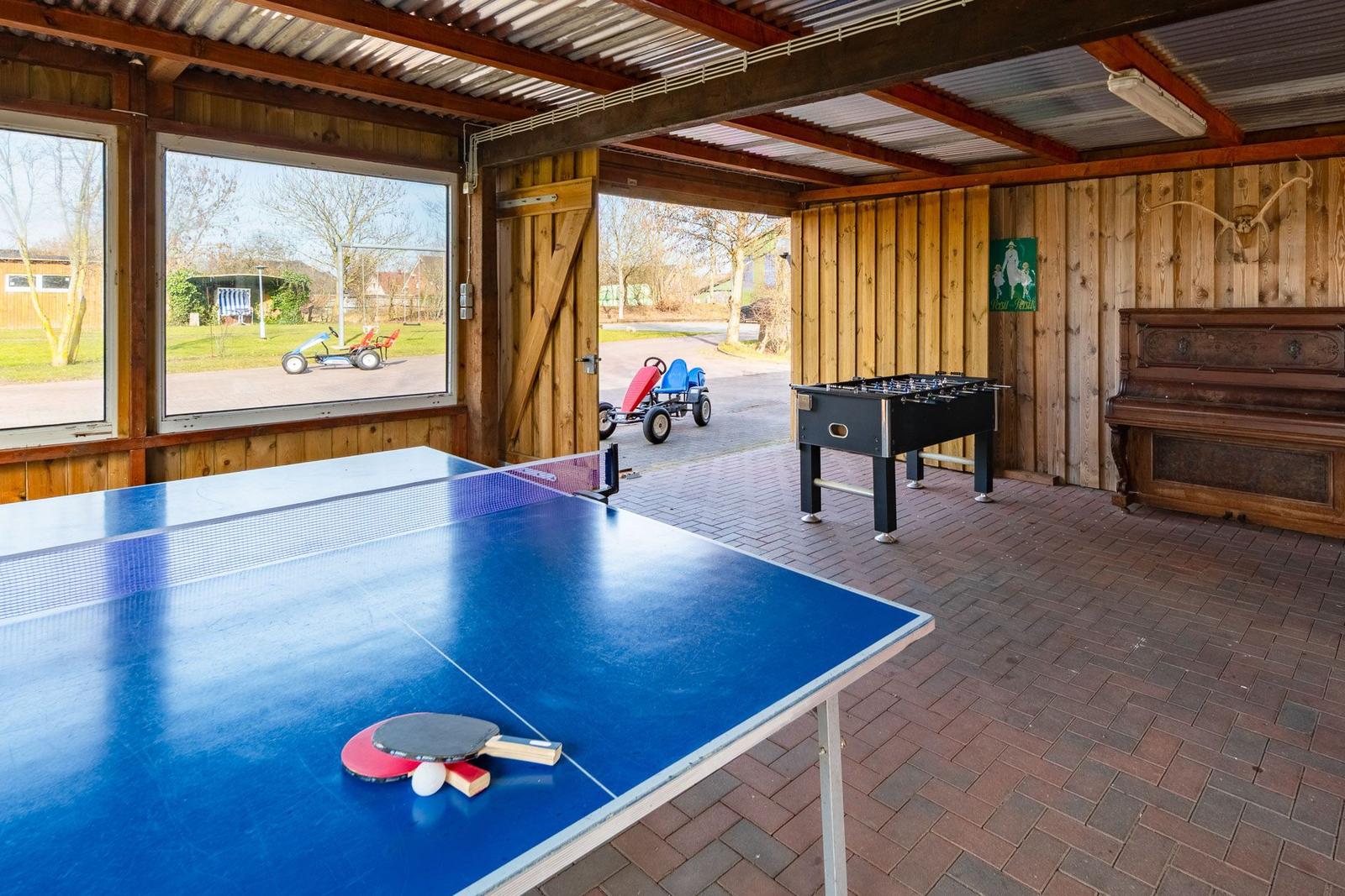 Spielzimmer mit Tischtennis- und Fussballtisch, Holzwand und Terrasse mit Blick auf Garten.