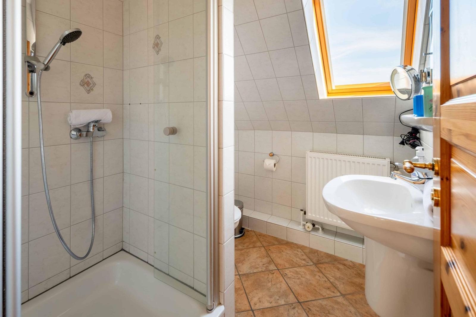 Bad mit Dusche, Waschbecken und Dachfenster