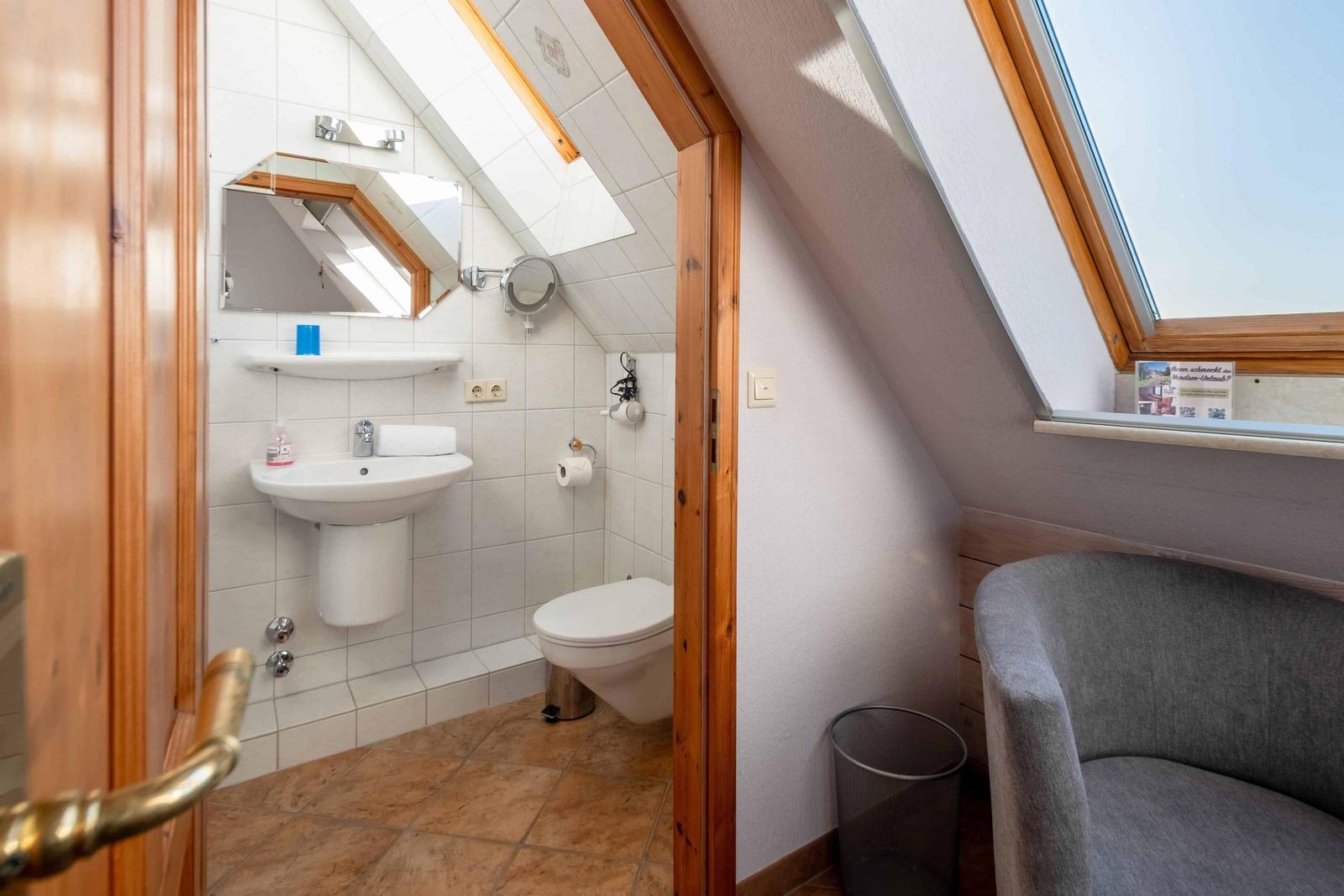 Bathroom with toilet, sink, and skylight. Adjacent area with seating.
