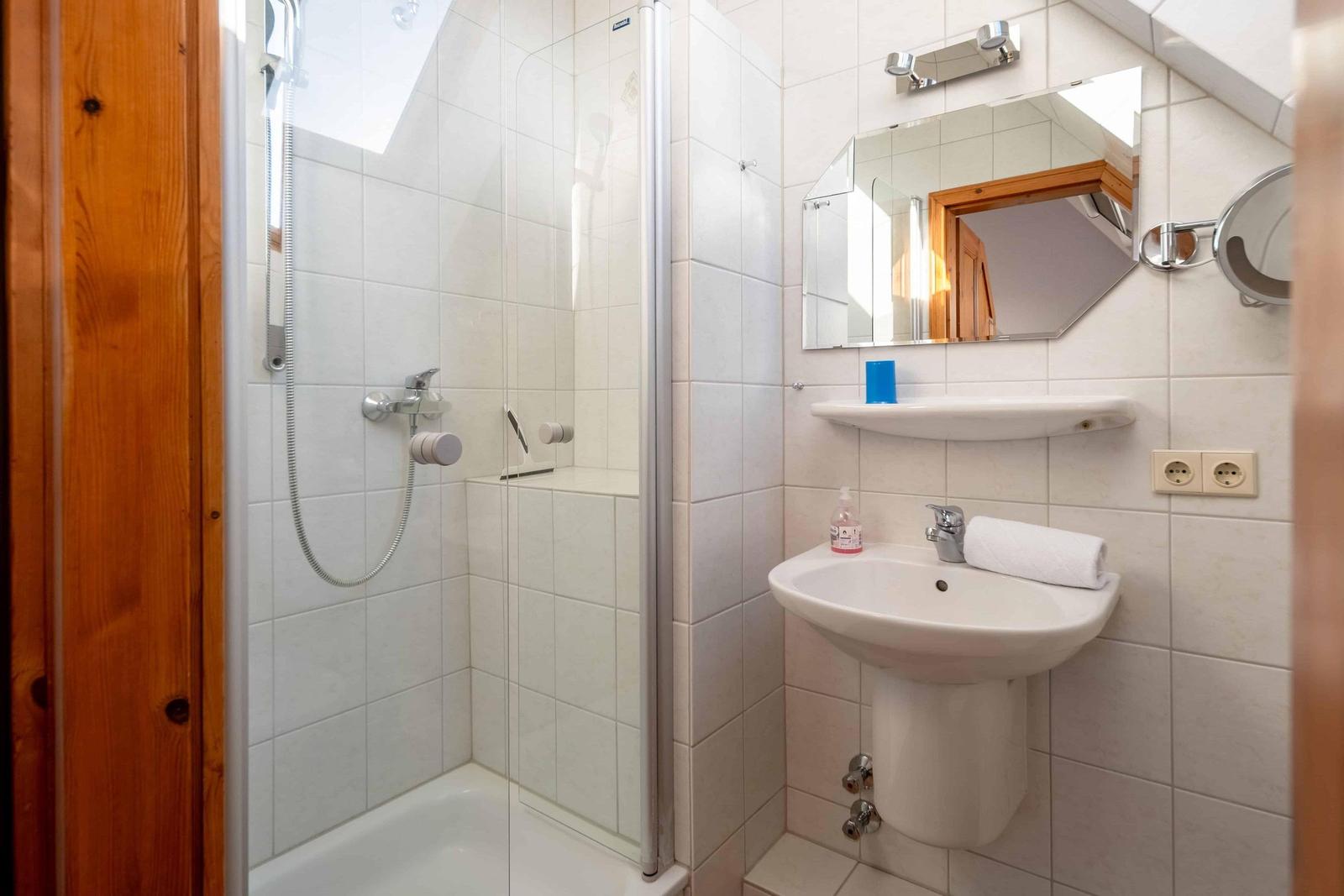 Bathroom with shower, sink, and mirror on the wall.