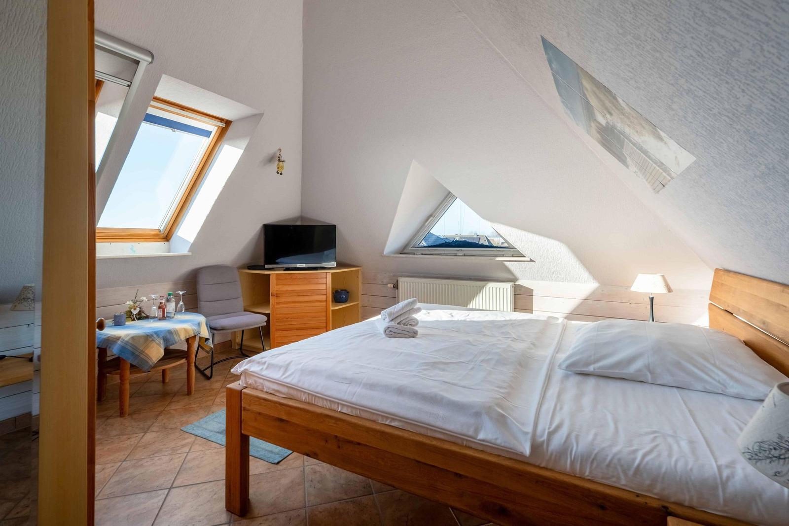 Bedroom with skylight, bed, and small table