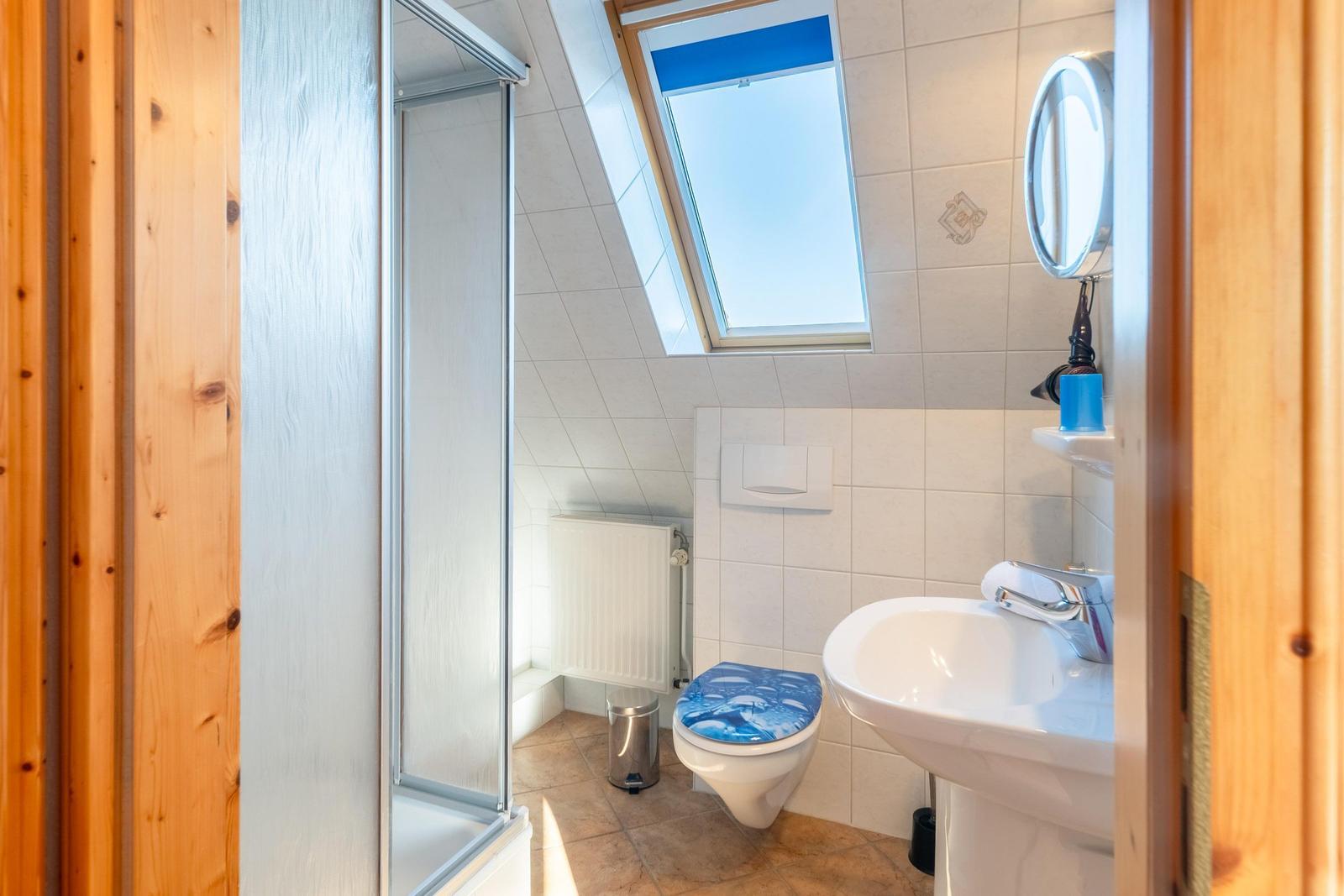 Badezimmer mit Dusche, Toilette und Waschbecken unter Dach