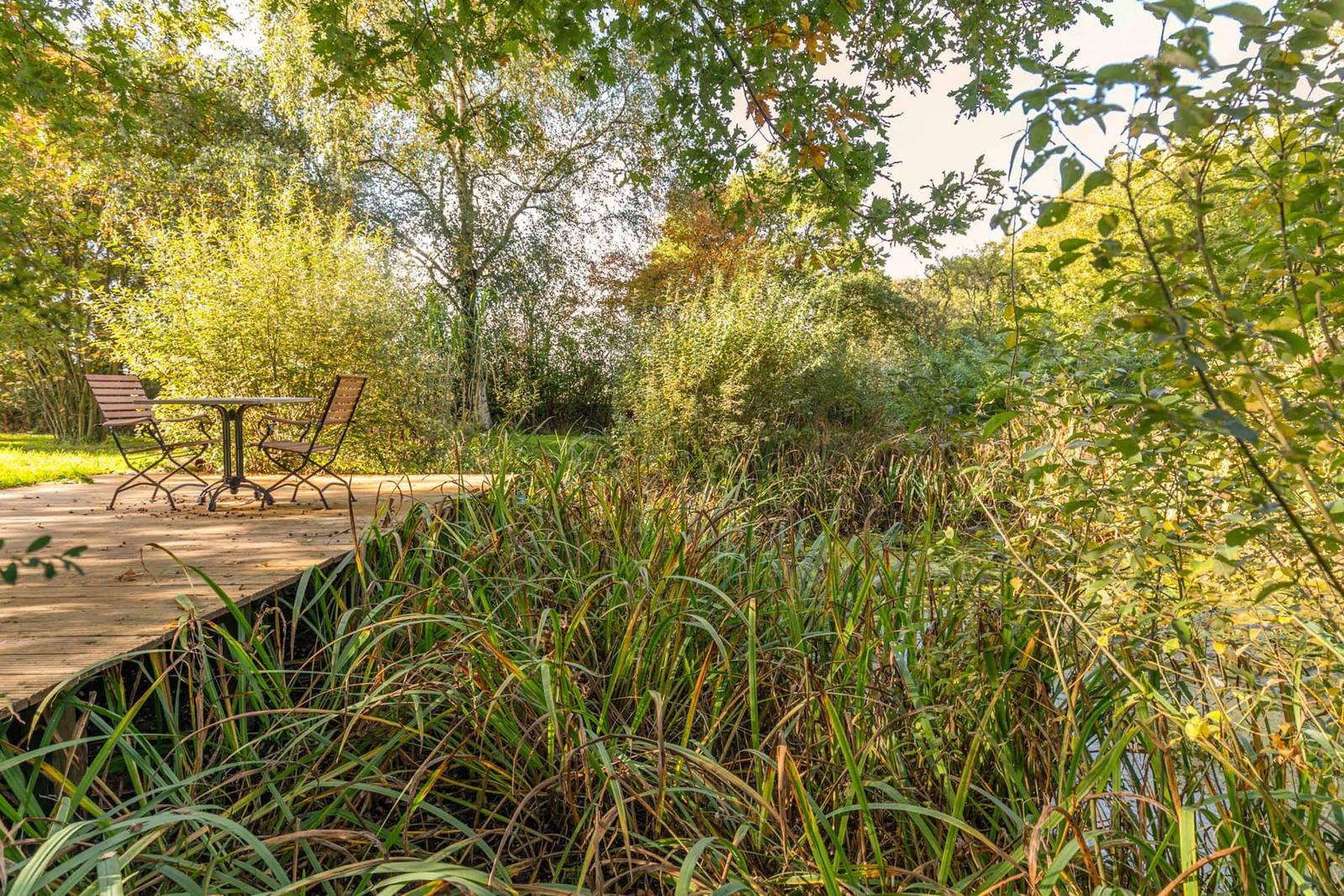 Holzterrasse mit Tisch und Stühlen am Ufer eines Gewässers, umgeben von Gras und Bäumen.