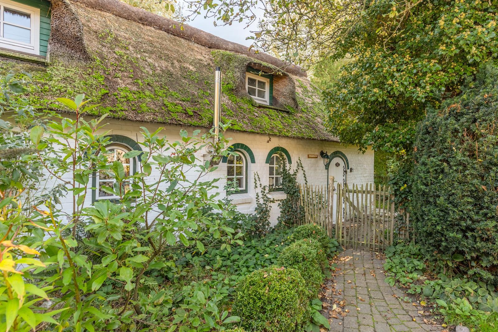Ein weißes Haus mit strohgedecktem Dach und grünen Fensterrahmen. Ein gepflasterter Weg führt zur Eingangstür.