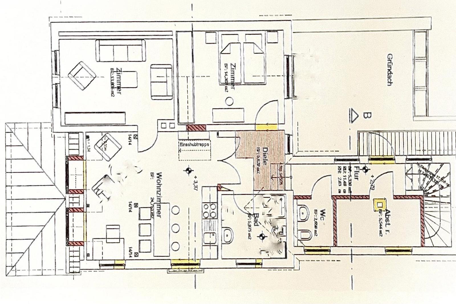 Grundriss einer Wohnung mit Wohnzimmer, Küche, Bad und mehreren Schlafzimmern.