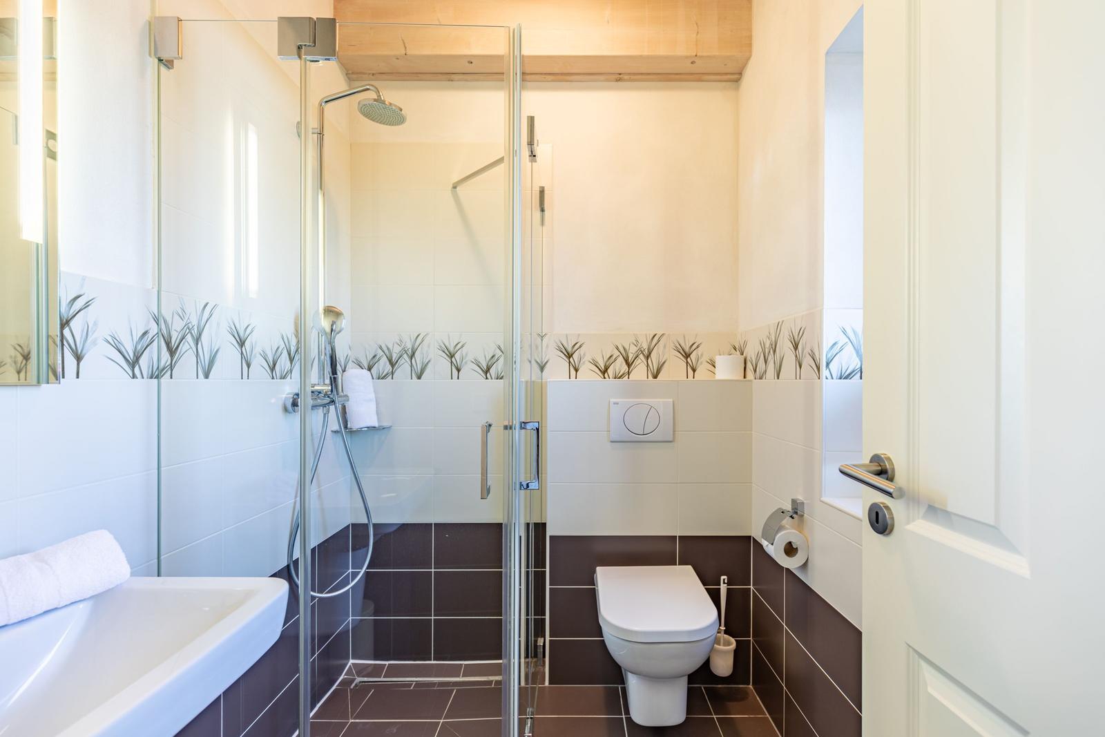 Badezimmer mit Dusche, Toilette und Waschbecken. Fliesen und Spiegelschrank sichtbar.