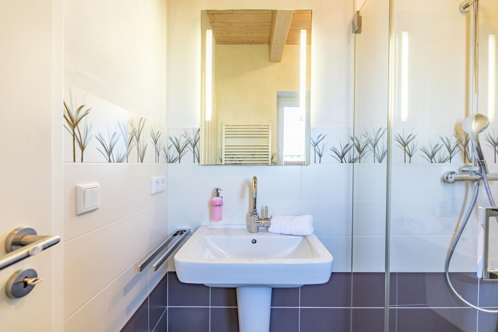Badezimmer mit Dusche, Waschbecken und Spiegel