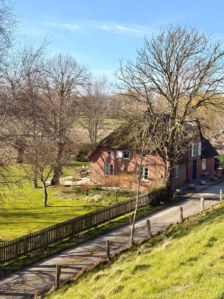 Rotes Backsteingebäude mit Schopfdecke, umgeben von Grünfläche und Bäumen.