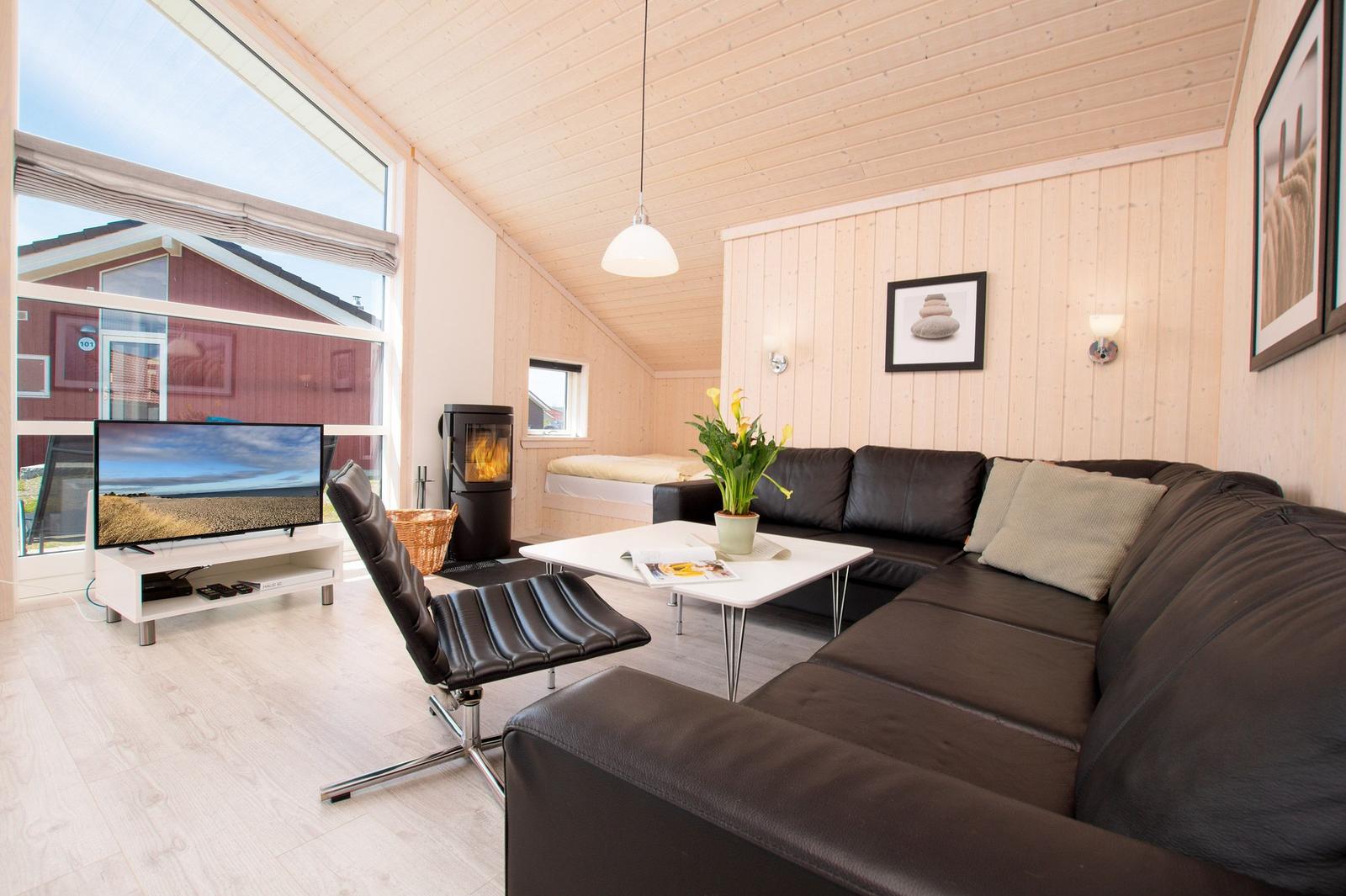 Wohnzimmer mit Sofa, Fernseher und Kaminofen. Holzwände und große Fenster.