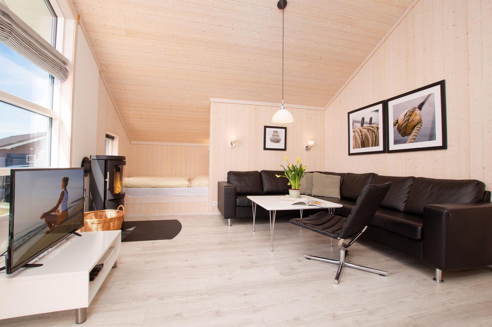 Wohnzimmer mit Sofa, Fernseher und Holzdecke. Im Hintergrund ist ein Schlafbereich sichtbar.