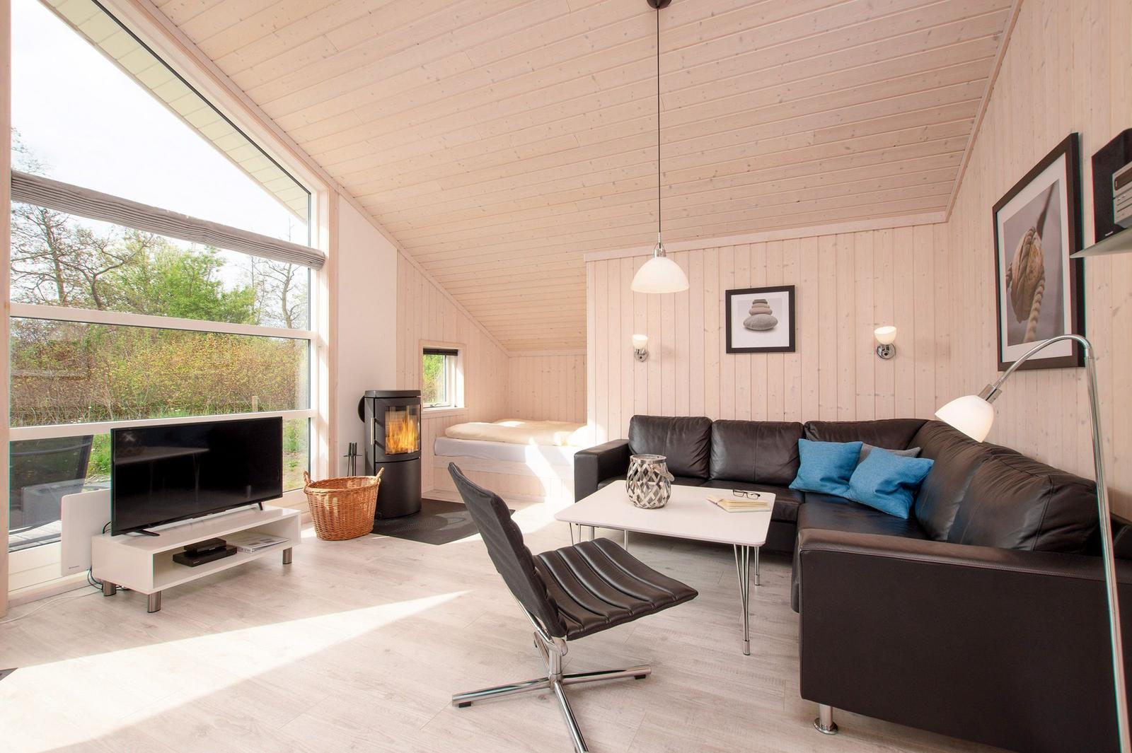 Wohnraum mit Sofa, Fernseher und Kaminofen. Große Fenster und Holzwände.