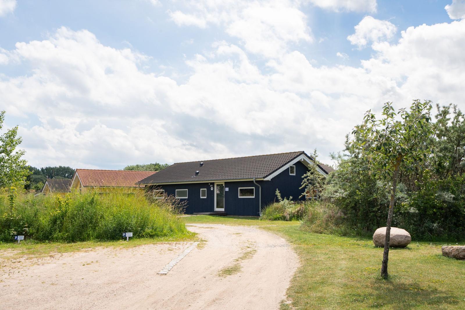 Ein dunkelblauer Ferienhaus mit Dach und Fenstern. Vorhof mit Gras und Bäumen.