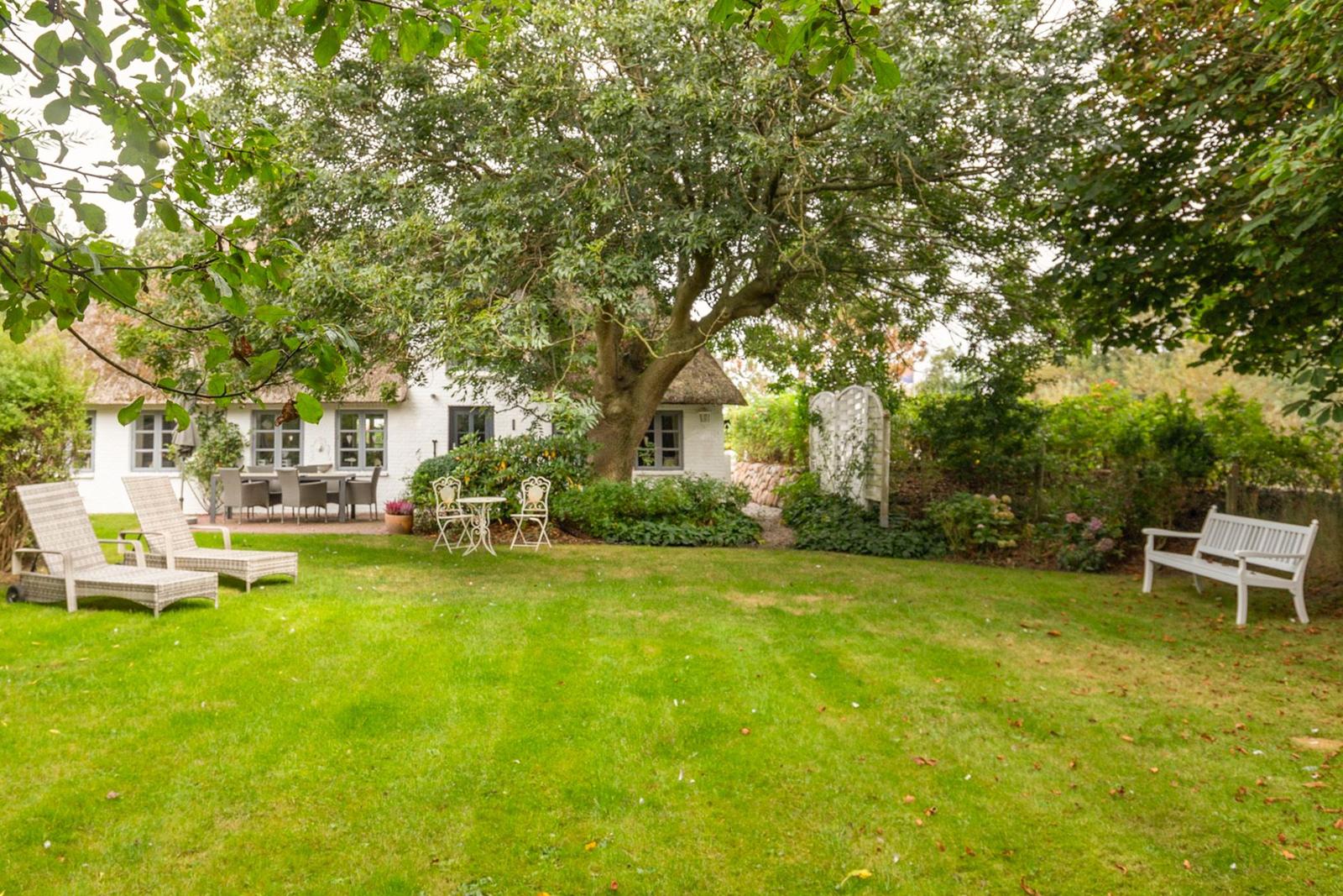 Garten mit Liegestühlen, Tisch, Bank und großem Baum vor weißem Haus mit Strohdach.