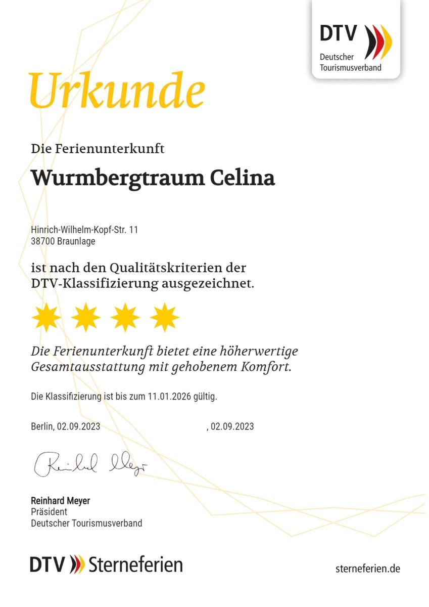 Ferienunterkunft Wurmbergtraum Celina mit DTV-Fünf-Sterne-Qualitätszertifikat bis 2026.