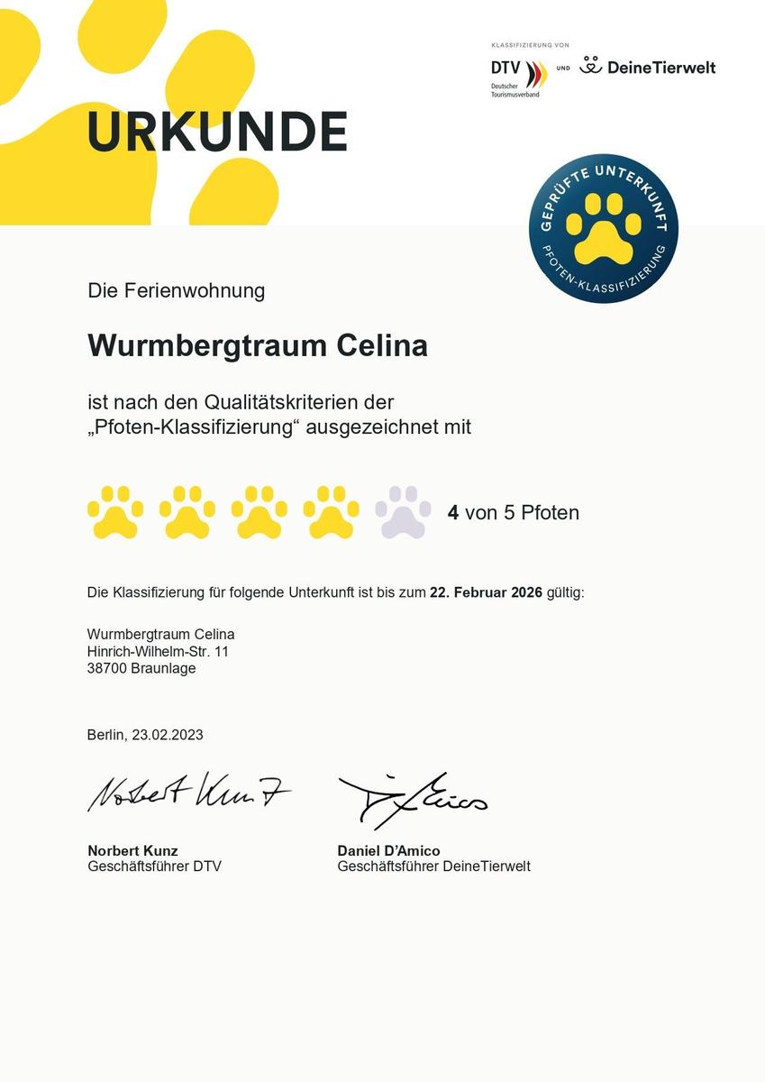 Ferienwohnung Wurmbergtraum Celina mit 4 von 5 Pfoten-Klassifizierung.