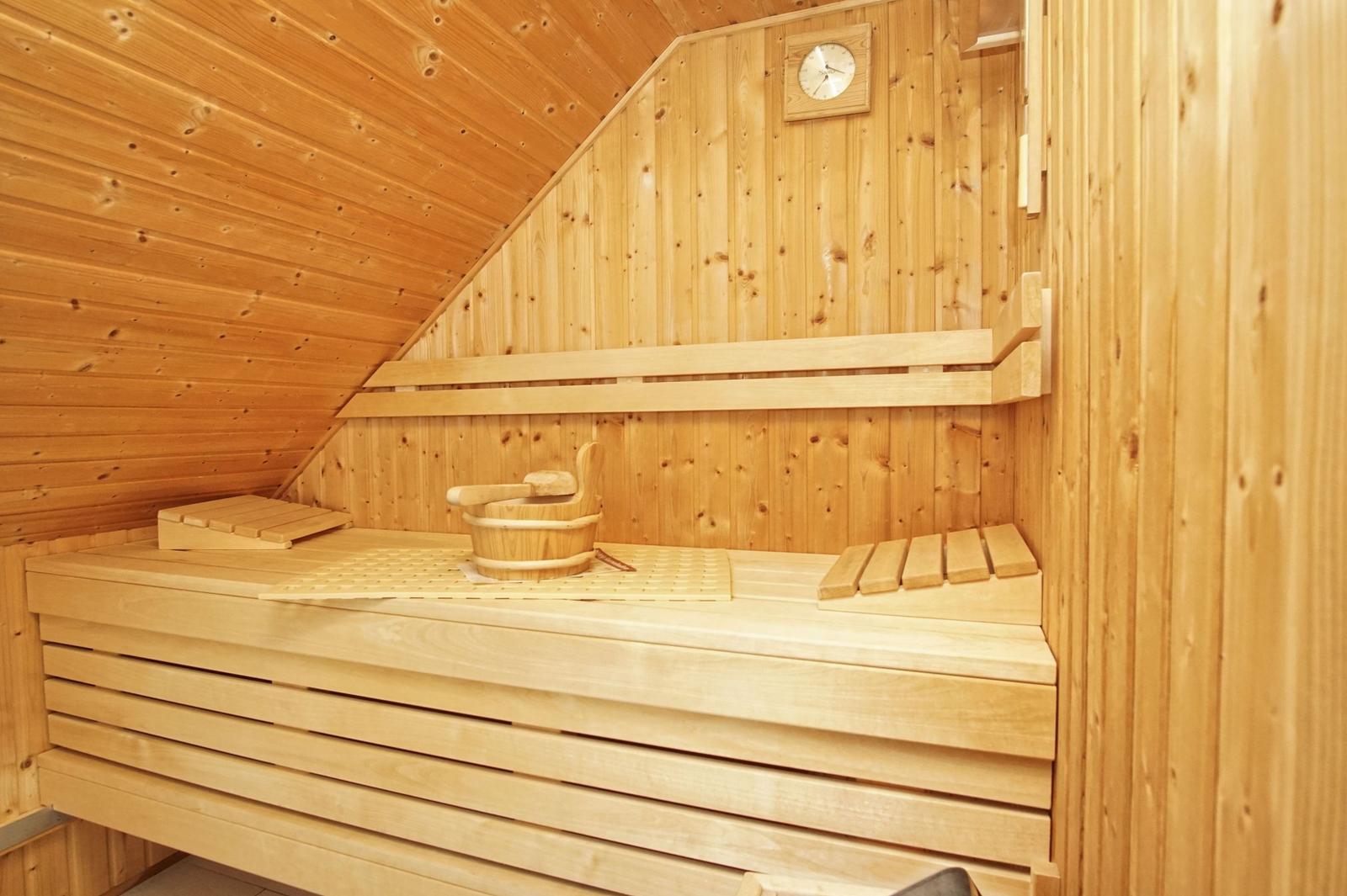 Holzsauna mit Sitzbänken und Waschbecken