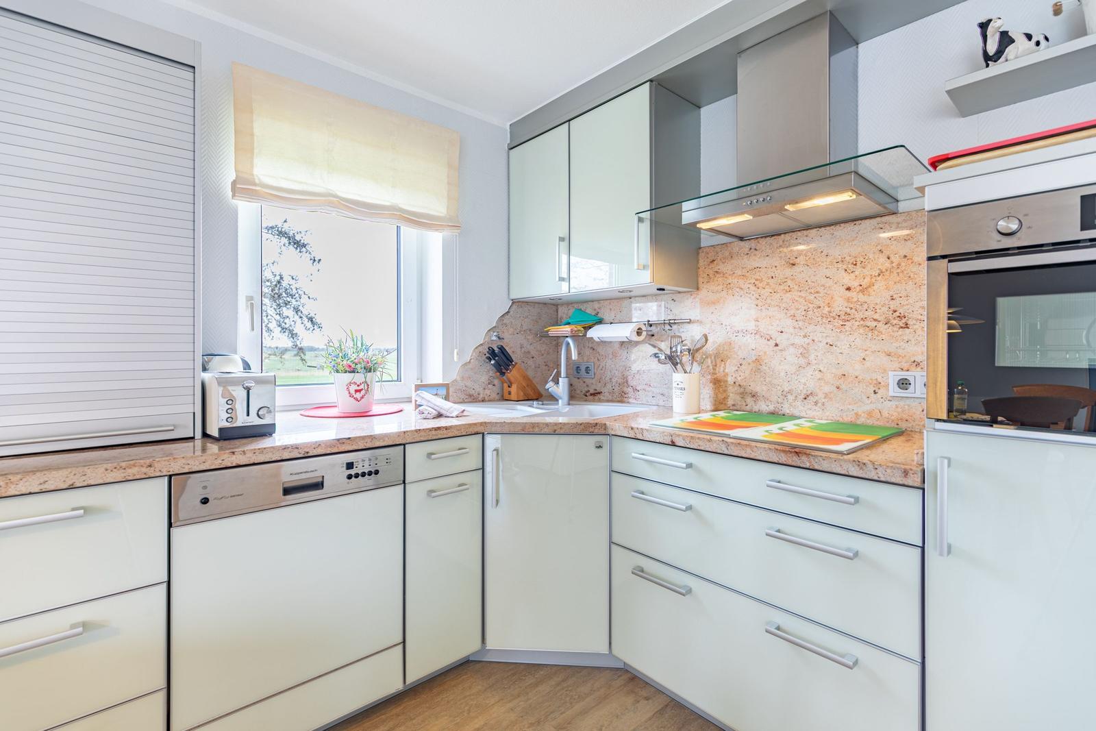 Kitchen with worktop, sink, range hood, and built-in oven.