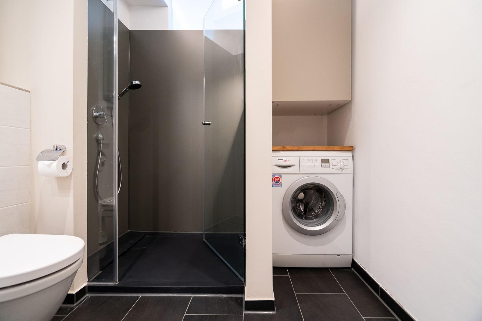 Dusche mit Glaswand, Waschmaschine und Toilette in einem Raum.
