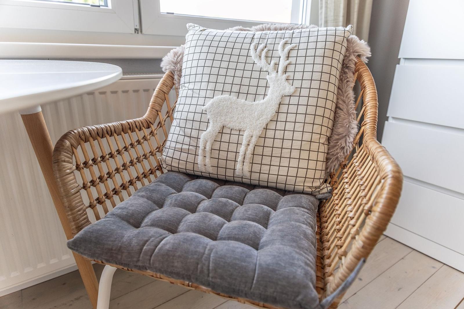 Rattan-Stuhl mit Kissen und grauer Sitzauflage vor Fenster