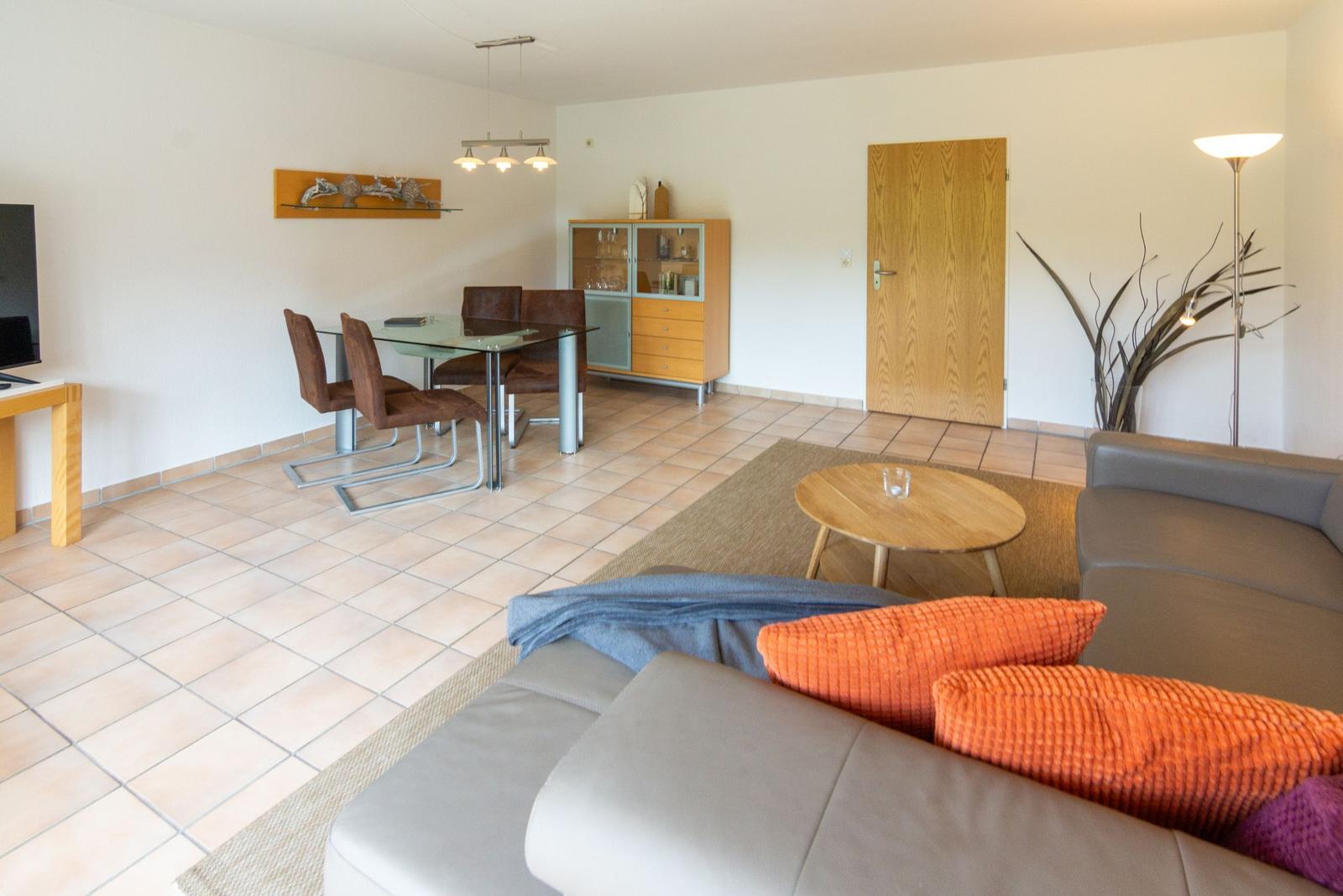 Wohn- und Essbereich mit Sofa, Esstisch und Küchenmöbel