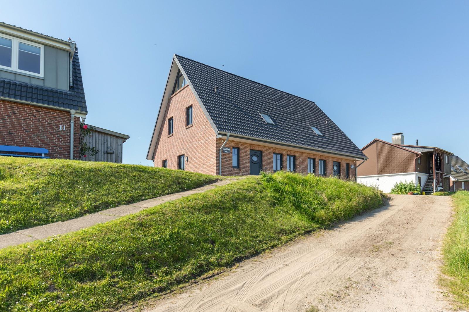 Modernes Backsteinhaus mit schwarzem Dach und grüner Umgebung.