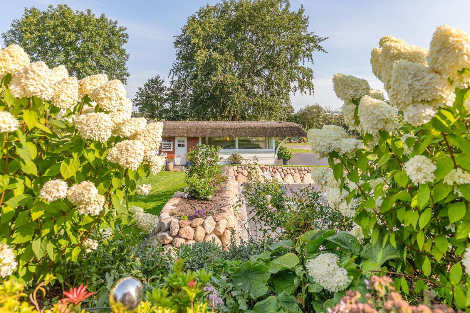 House with thatched roof, surrounded by flowers and stone walls in the garden.