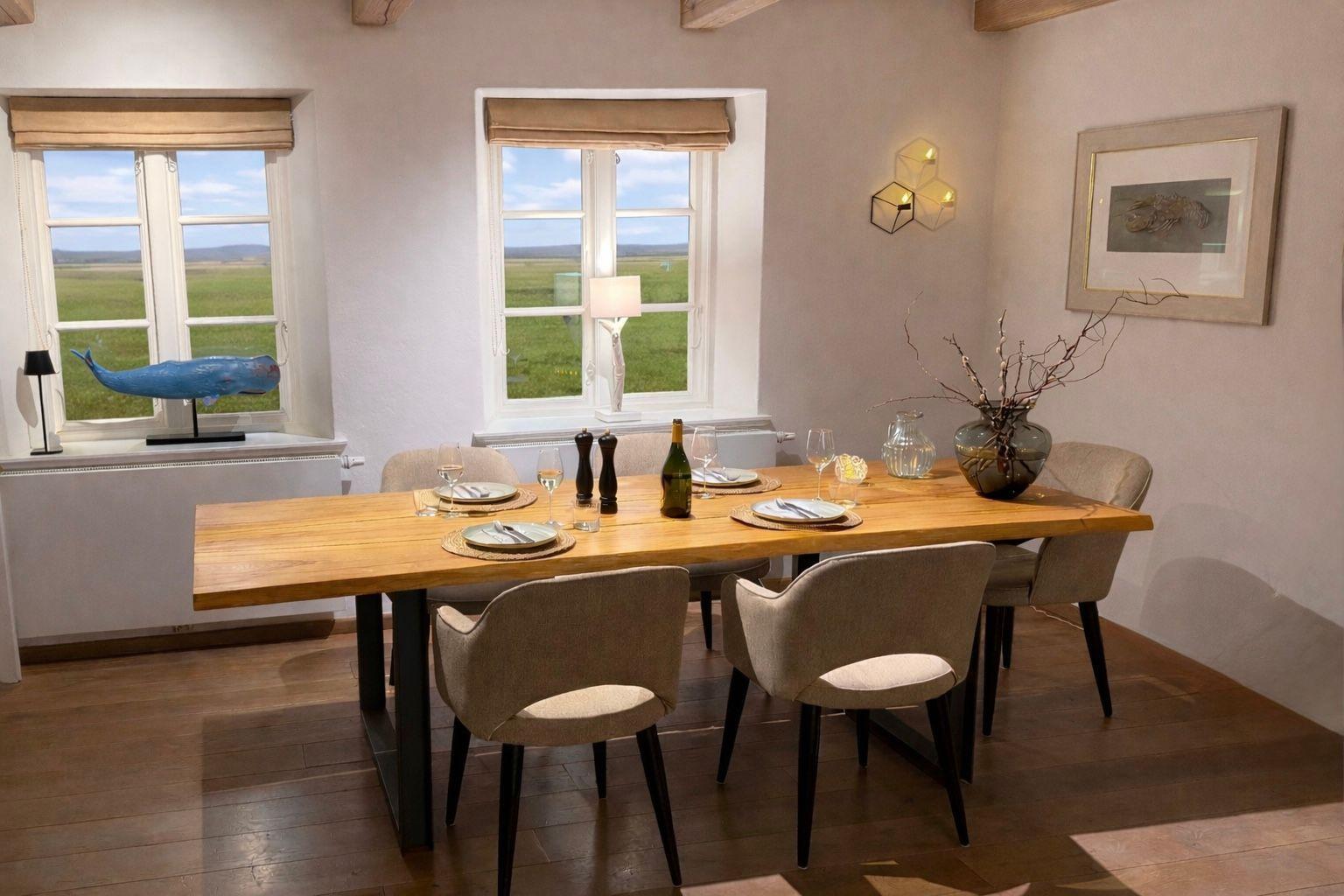 Esszimmer mit Holztisch, Stühlen und Blick auf grünes Feld durch zwei Fenster.