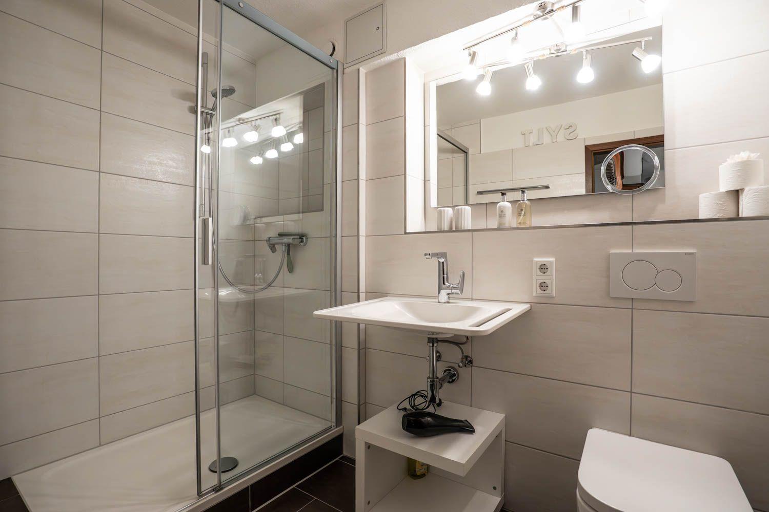 Badezimmer mit Dusche, Waschbecken und Toilette. Spiegel mit Beleuchtung und Handtuchhalter.