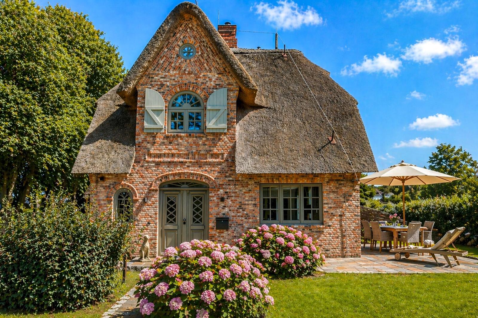 Haus mit strohgedecktem Dach, Gartenbereich mit Sonnenschirm und Liegestühlen, Blumenrabatten und Bäume.