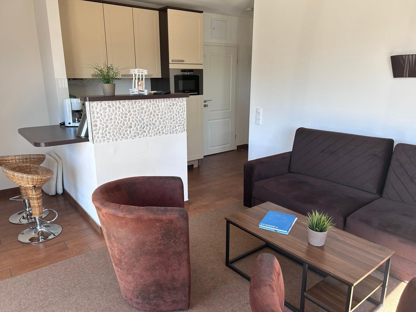 Wohnbereich mit Sofa, Sessel und Küchenzeile mit Barhocker.