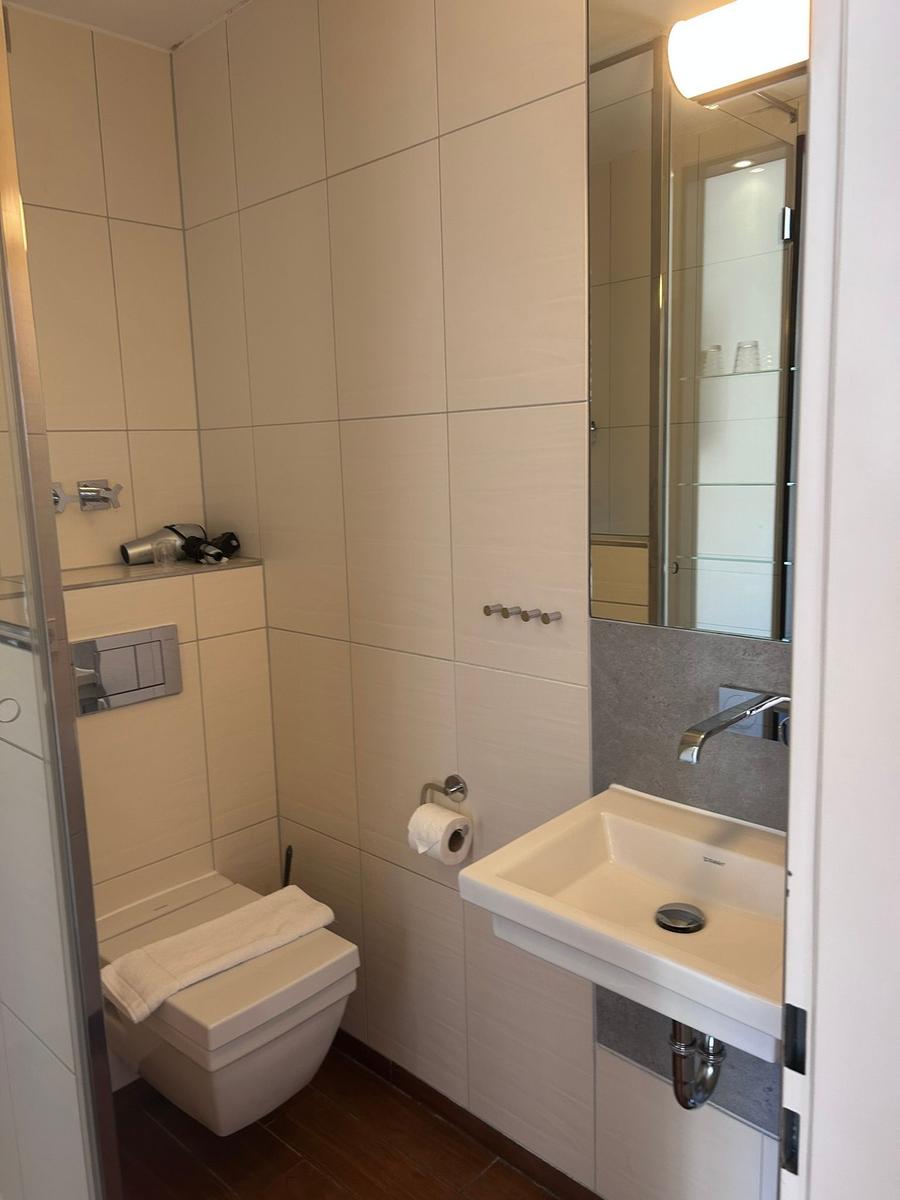 Badezimmer mit Toilette, Waschbecken und Spiegel. Fliesenwand und Holzboden.