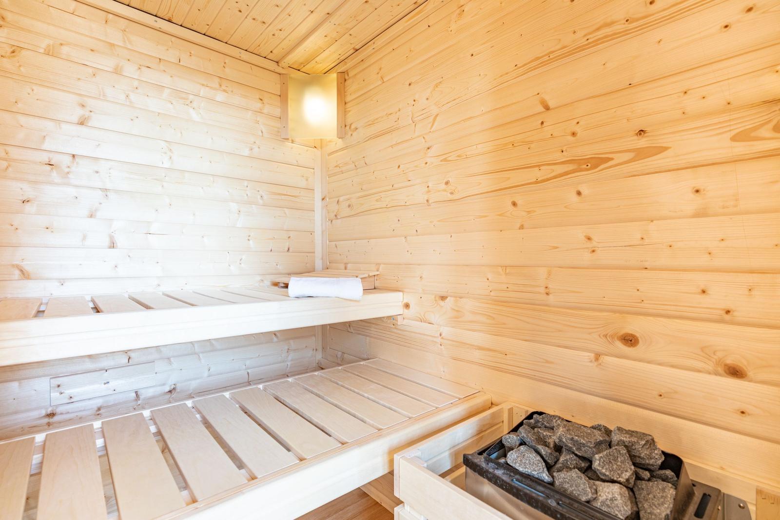 Sauna mit Holzwand, zwei Sitzbänken und Steinbecken.