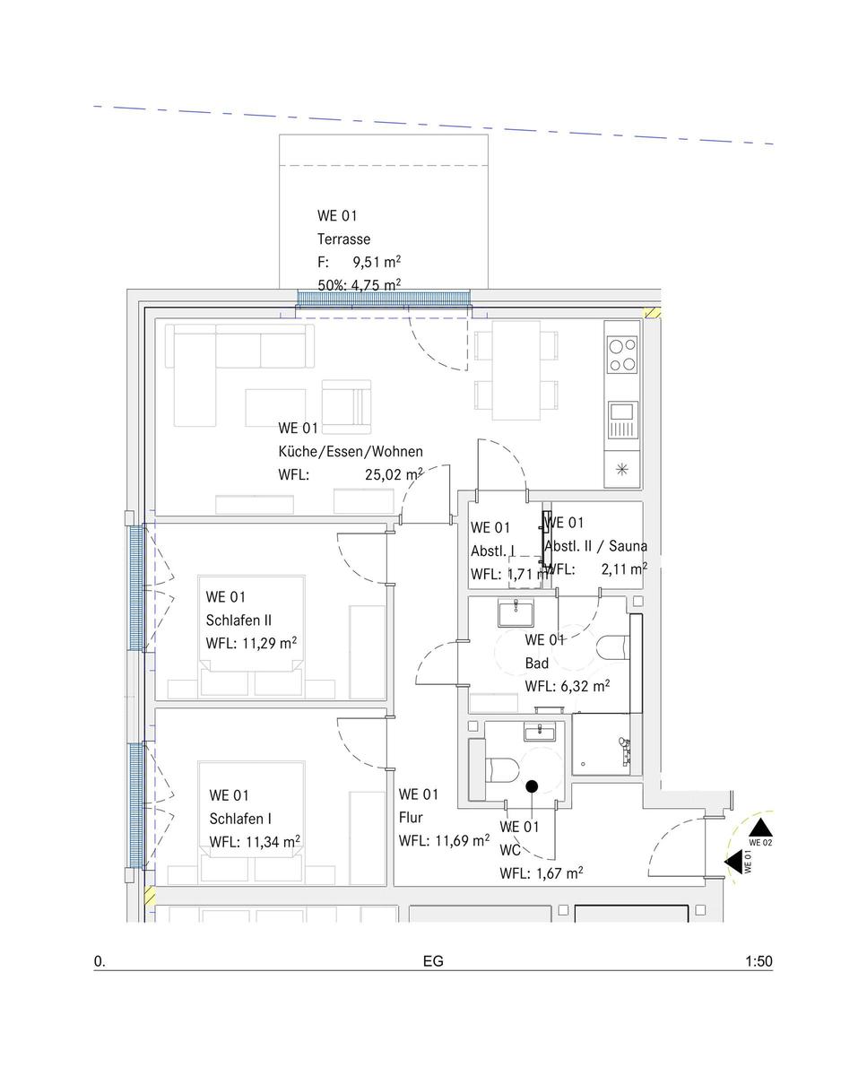 Wohnung mit Küche, zwei Schlafzimmern, Bad, Sauna und Terrasse.