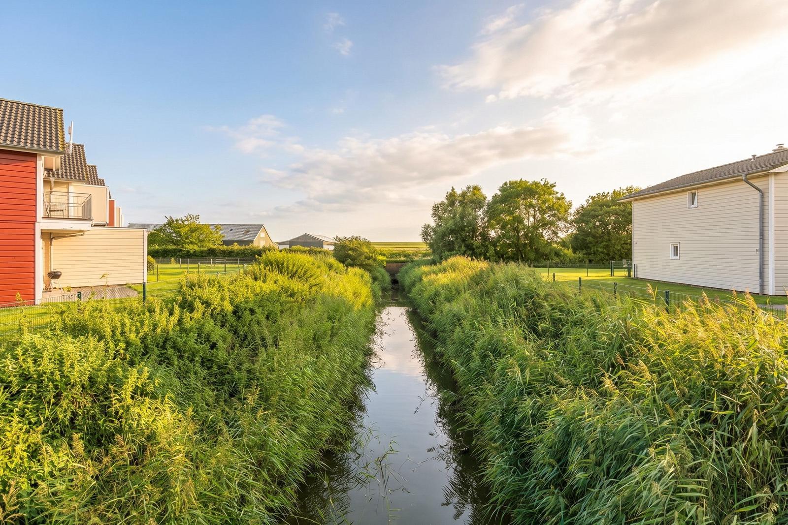 A canal flows between green banks and houses under a blue sky.