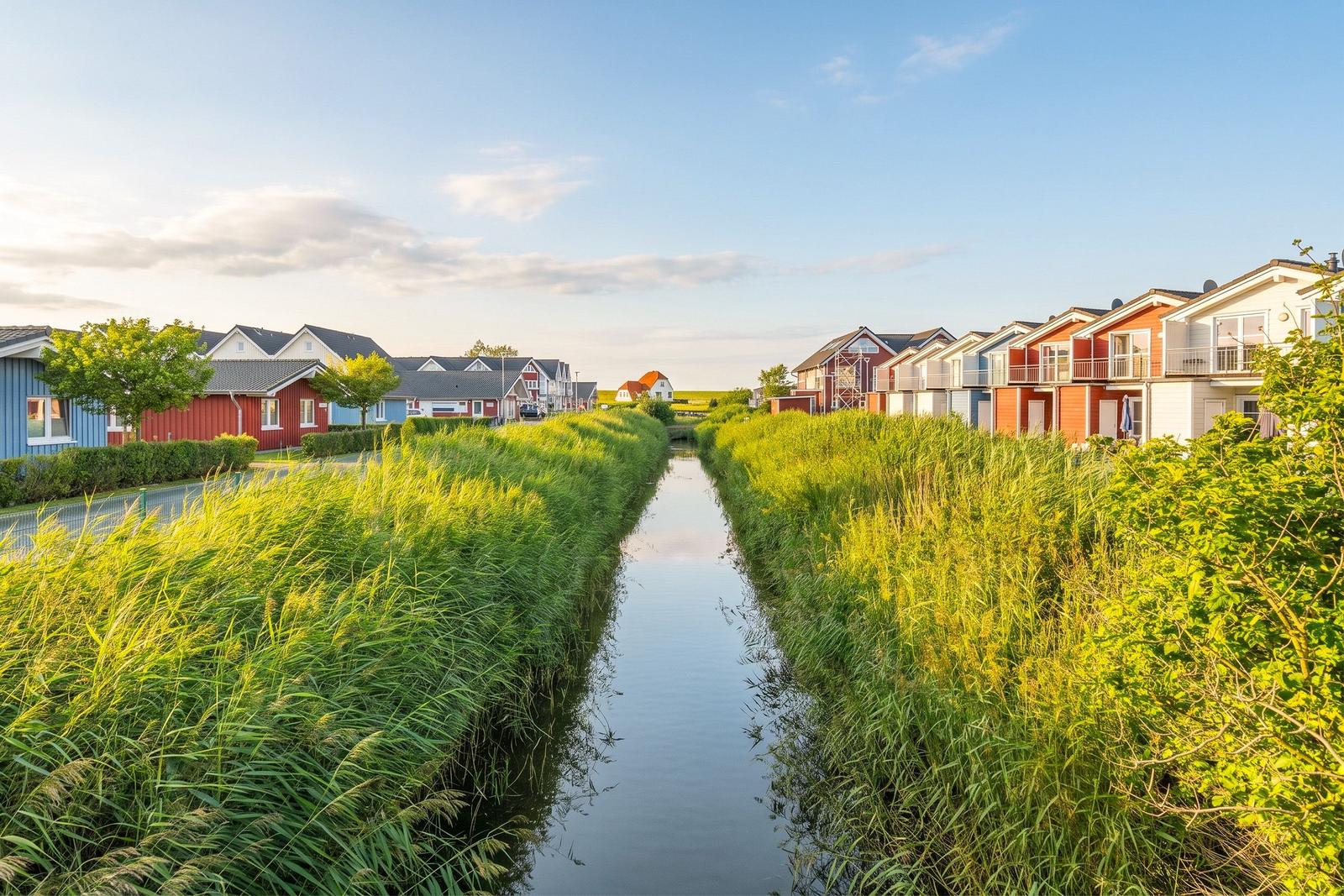 Channel with tall grass and colorful houses on both sides.