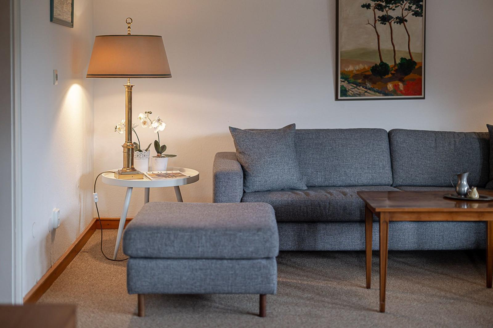 Ein Wohnzimmer mit grauem Sofa, Beistelltisch und Stehlampe.