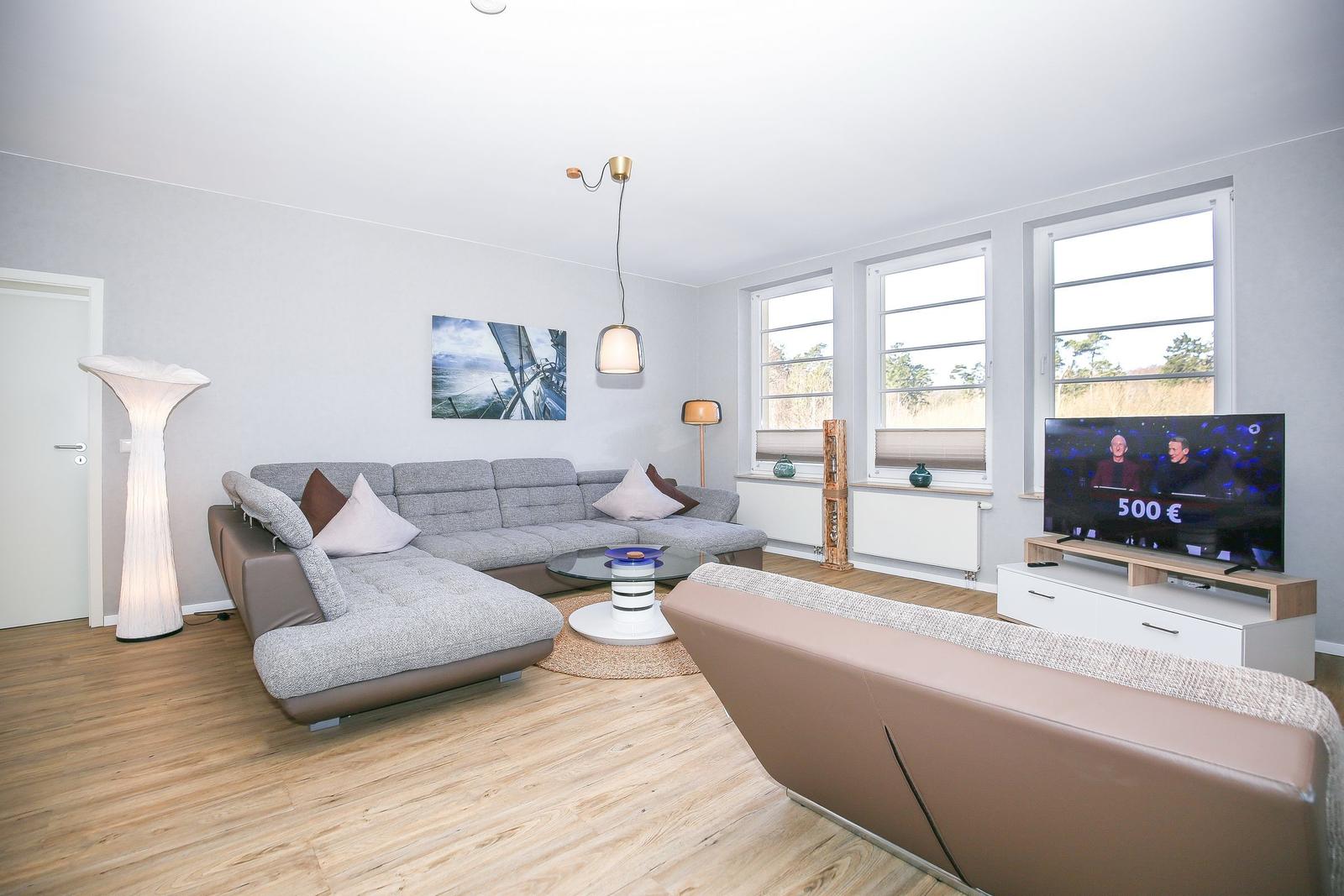 Wohnzimmer mit Sofa, Fernseher und Fenstern. Holzboden und helle Wände.
