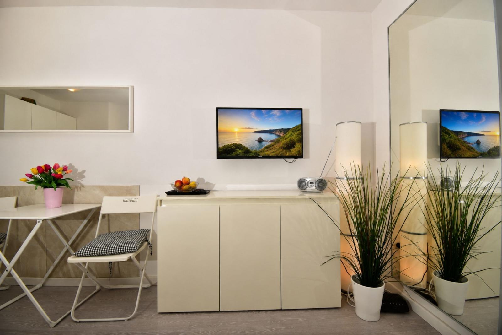 Wohnzimmer mit Fernseher, Tisch, Stuhl und Pflanzen.