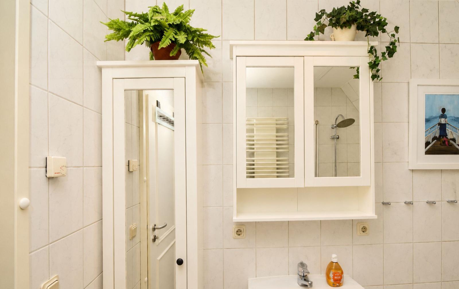 Badezimmer mit Spiegelschrank, Pflanzen und Waschbecken.