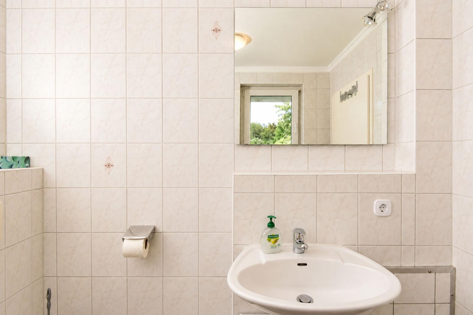 Badezimmer mit Waschbecken, Spiegel und Toilettenpapierhalter.
