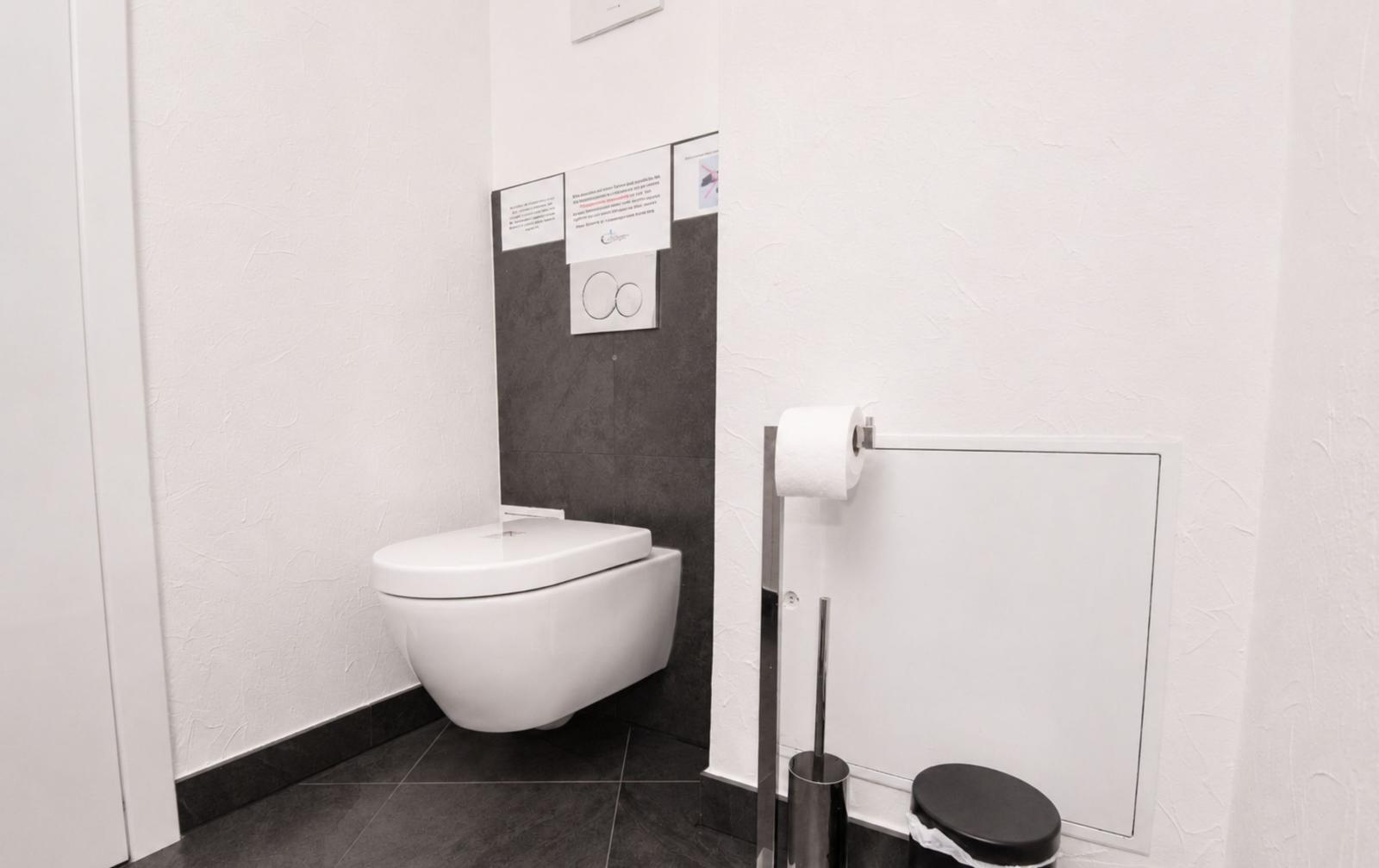 Toilettenbereich mit Wandtoilette, Toilettenpapierhalter und Mülleimer.