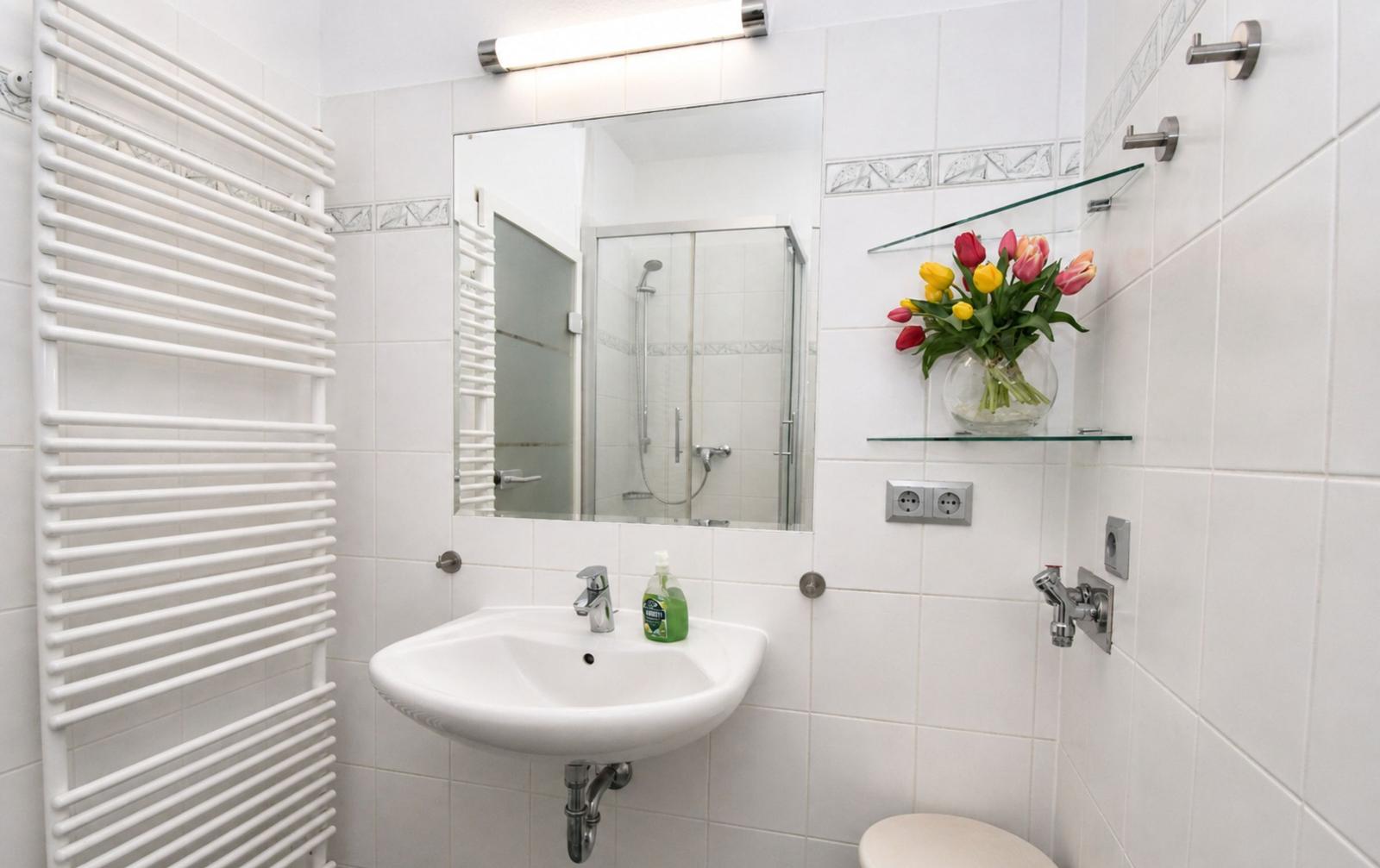 Badezimmer mit Dusche, Waschbecken und Heizkörper. Auf Wandregal Blumen.