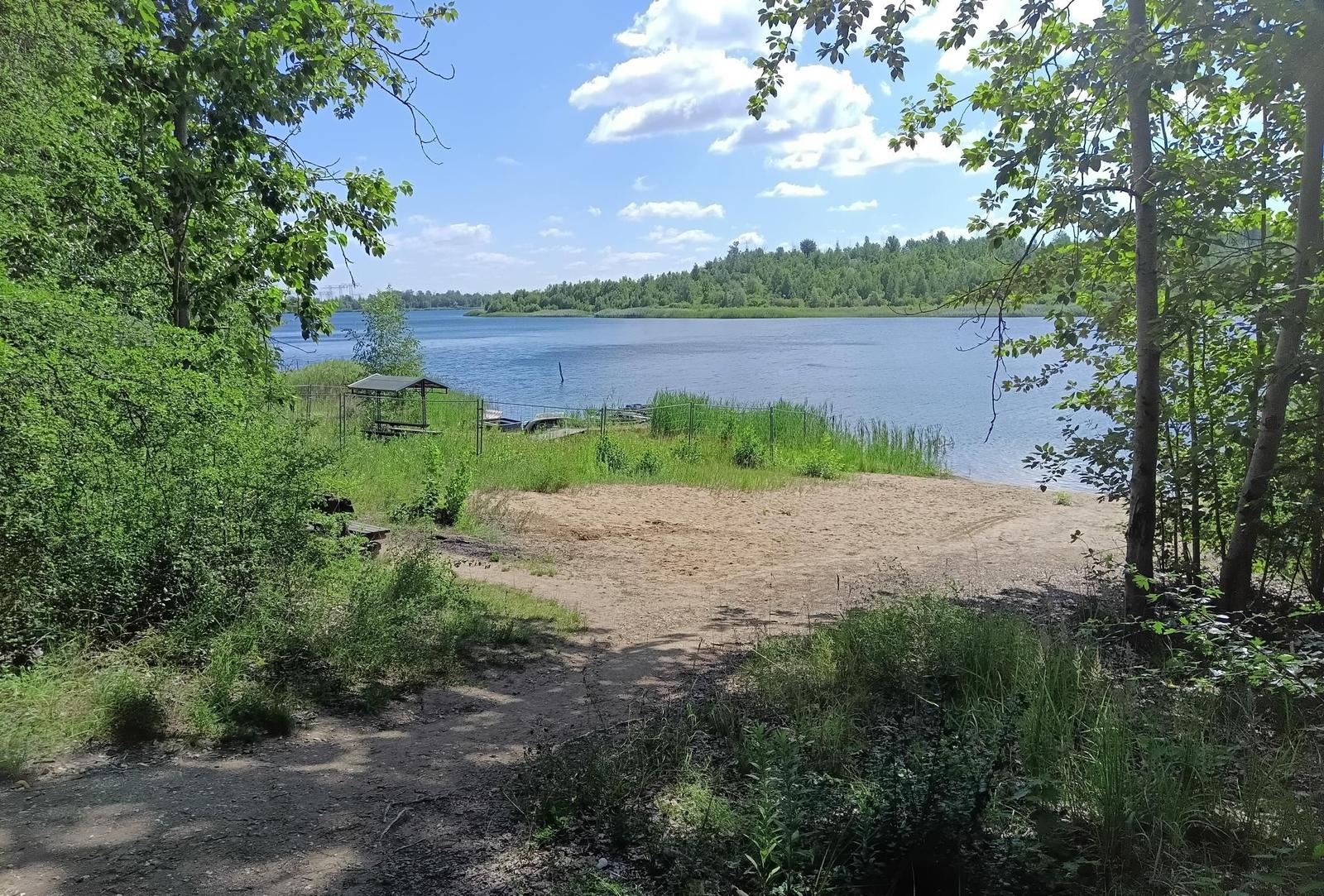A beach area by the lake with trees and a pavilion in the background.