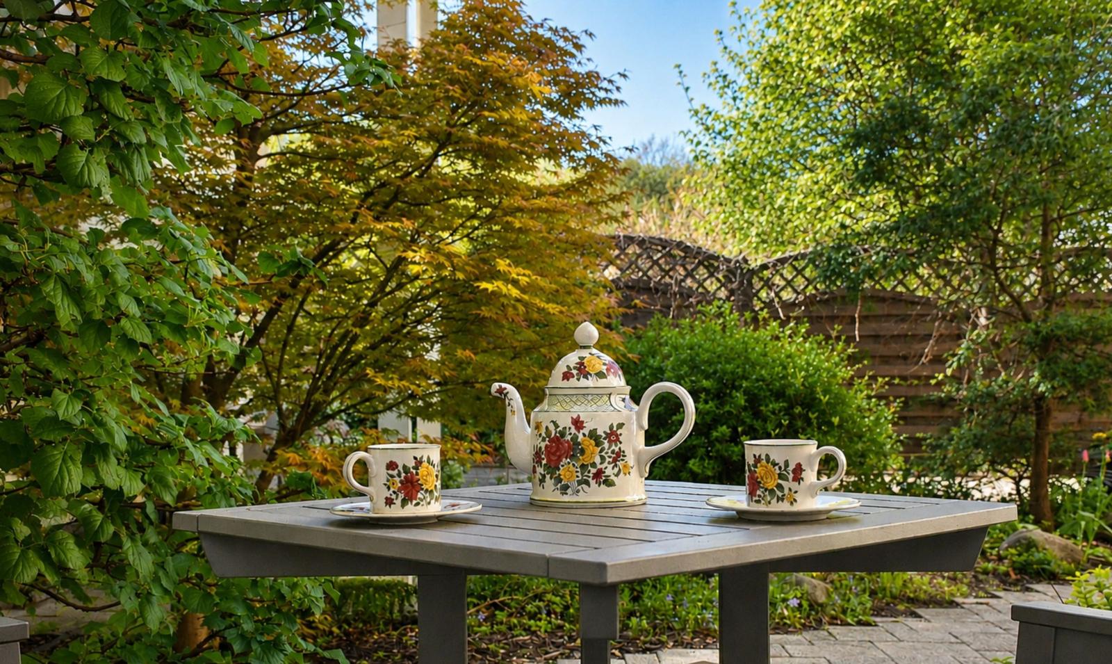 Tisch im Garten mit Teekanne und zwei Tassen mit Blumenmuster.