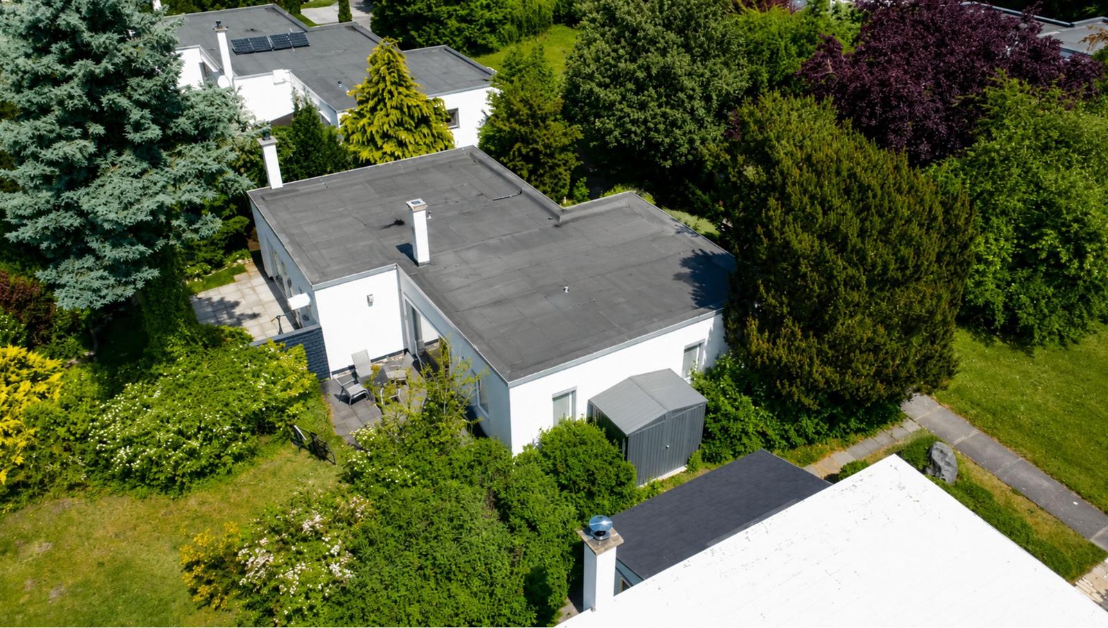 Modernes Haus mit Garten und Terrasse. Umgeben von Bäumen und Grünflächen.