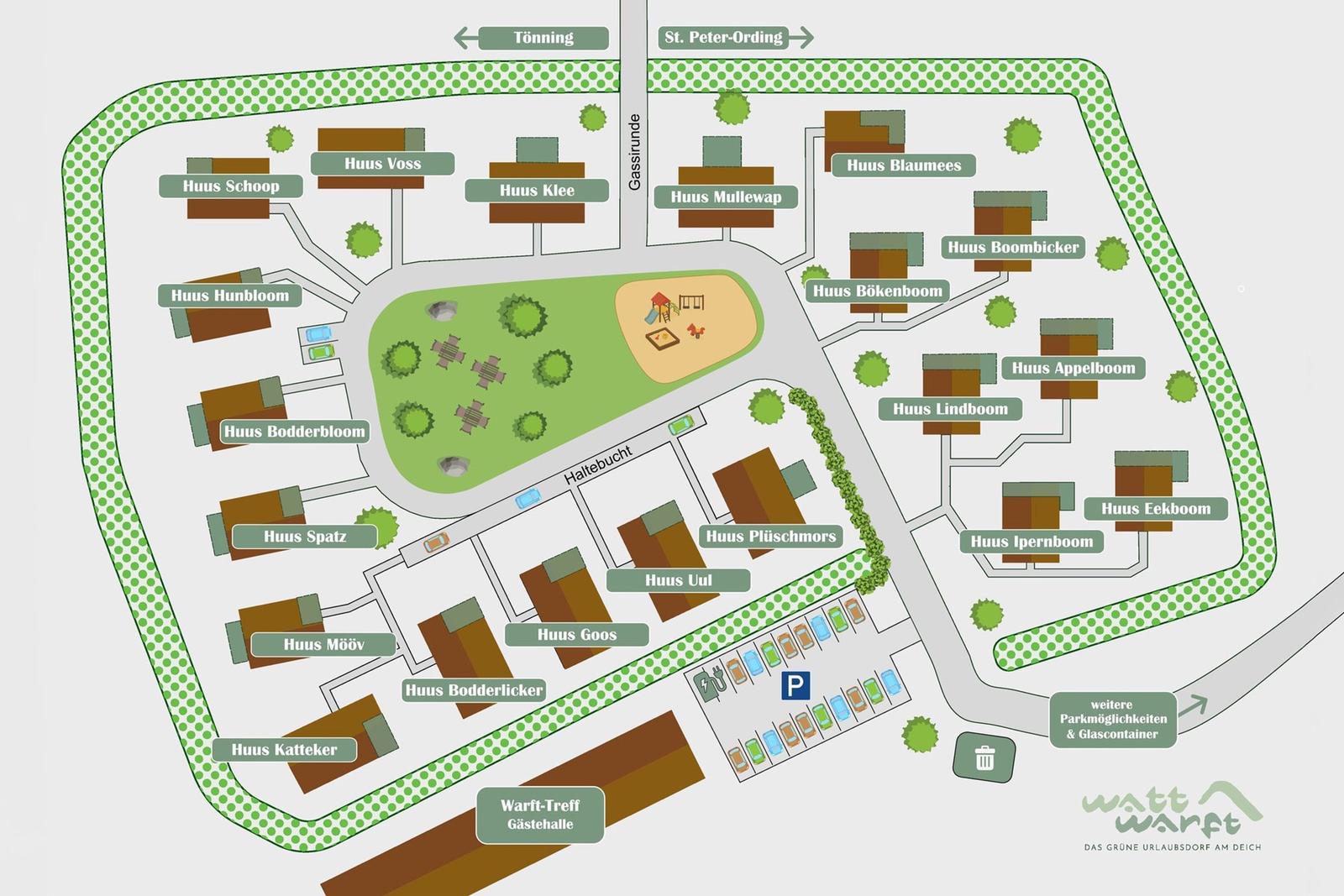 Lageplan des grünen Urlaubsorts mit Ferienhäusern und Spielplatz.