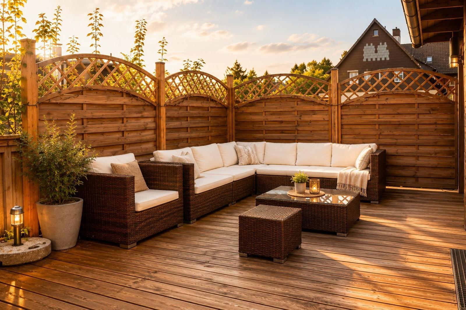 Terrasse mit wicker-Sitzgruppe, Holzgeländer und Pflanzen. Sonnenlicht und angenehme Atmosphäre.